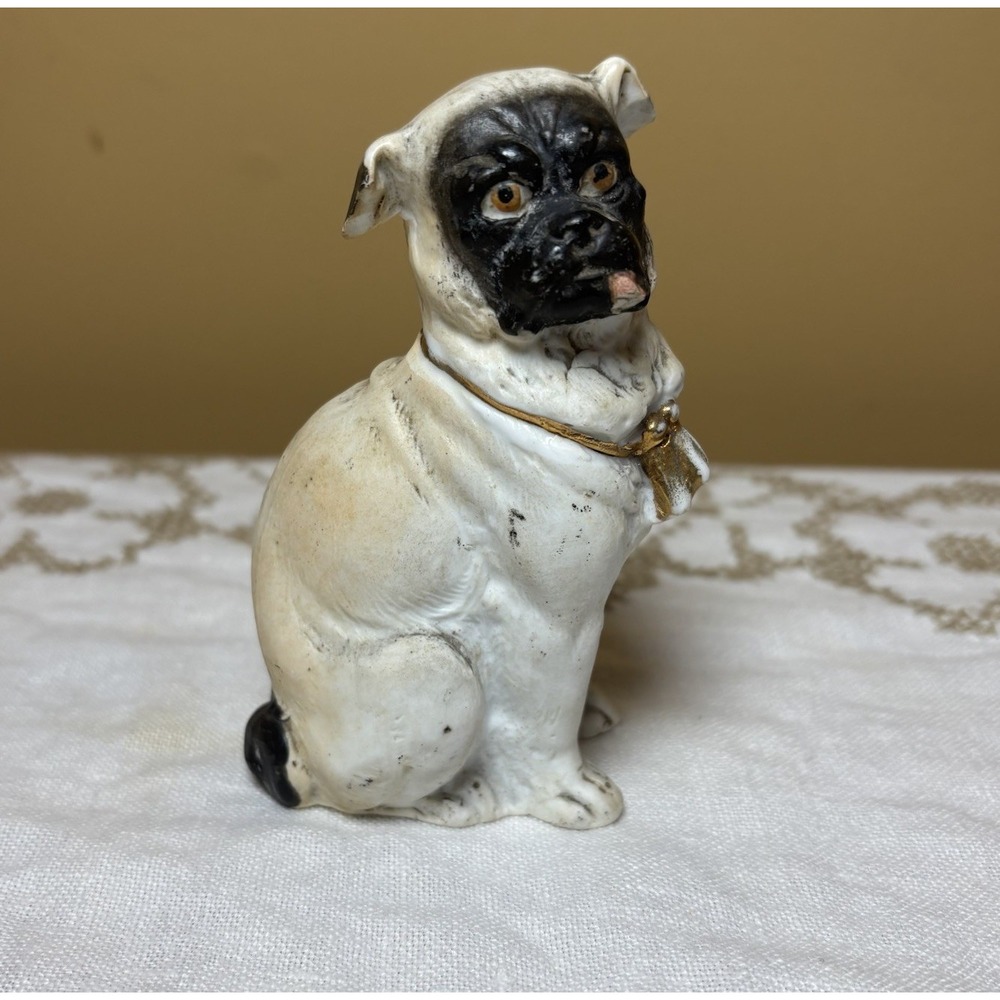 Antique Chalkware Pug Dog Figurine Black Mask Face Gold Collar Tongue Out